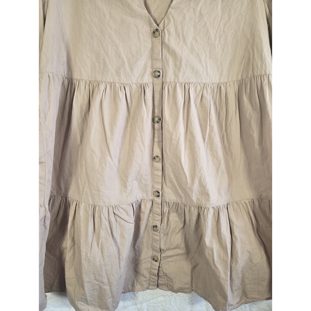H&M Babydoll Mini Dress Womens L‎ Beige Tiered Button Front Cotton Boho Casual - Picture 2 of 8